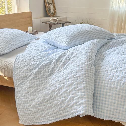 NSNLGSGC Gingham King Quilt Set Soft Blue Plaid Bedspread