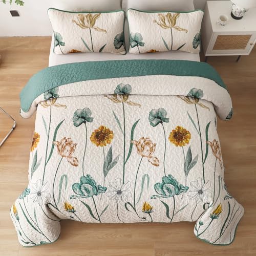 WONGS BEDDING Floral Queen Quilt Set with 2 Pillowcases