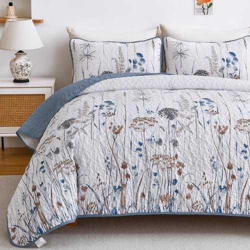 Dobuyly Blue Floral King Quilt Set 3pcs