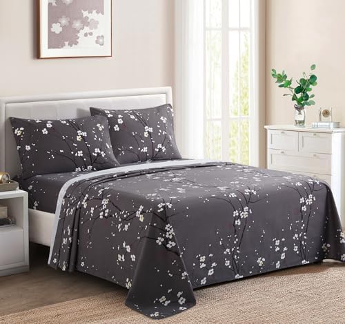 Plum Blossom Floral Grey Printed 600 Thread Count Cotton Blend Sheet Set