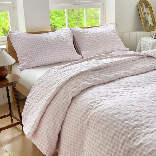 NSNLGSGC Pink Gingham Queen Quilt Set