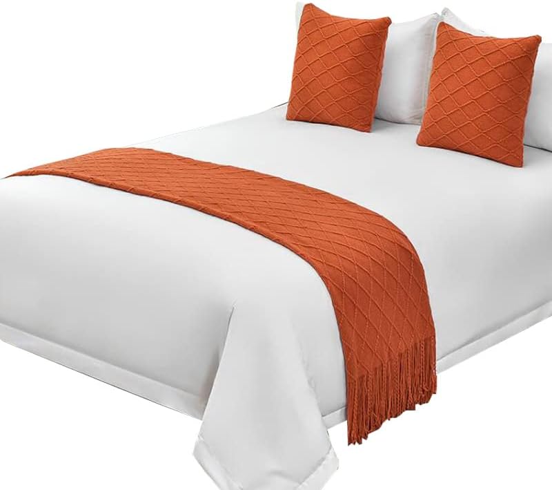 Zhiyuan Tassel Knitted Bed Runner Throw Blanket 50x905 Orange Red