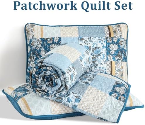 WONGS BEDDING Blue Plaid Patchwork Quilt Set Queen 3 Pieces