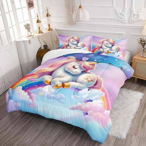 XYNHML Pink Blue Unicorn Comforter Set 3pcs Twin