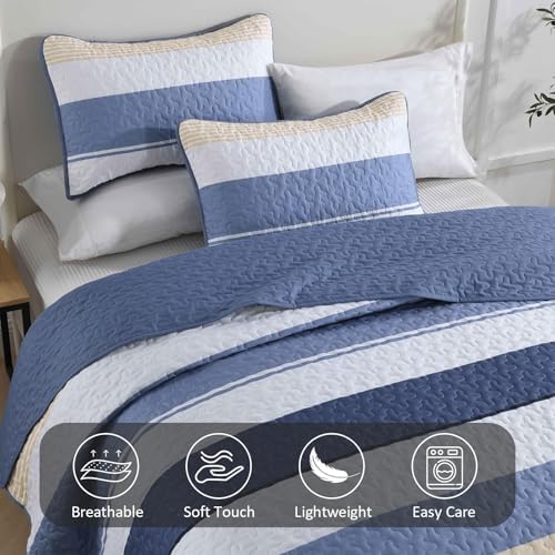 Dinjoy Blue King Quilt Set - Boho Beige Striped Lightweight 3 Piece Bedding