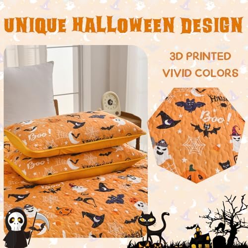 Luxudecor Halloween Queen Quilt Set with Pumpkin and Ghost Design