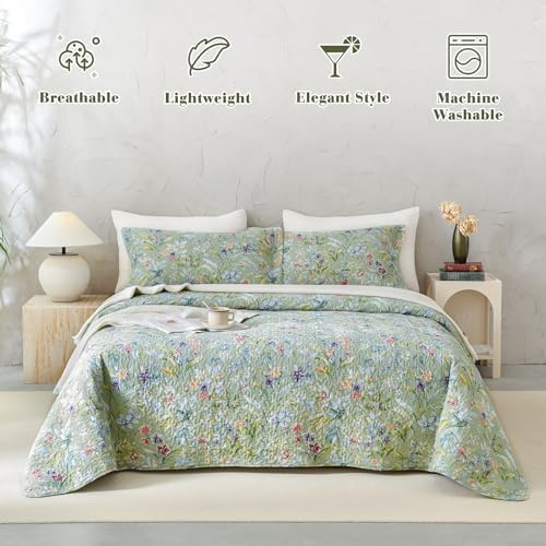 QSH Cotton Floral Queen Bedspread Set 3Pcs Green Summer
