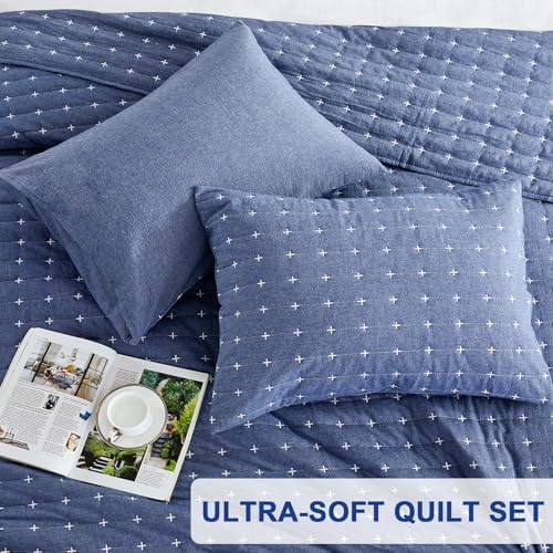 Blue 100 Cotton Queen Quilt Set with Shams