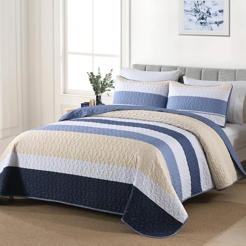 Dinjoy Blue King Quilt Set - Boho Beige Striped Lightweight 3 Piece Bedding