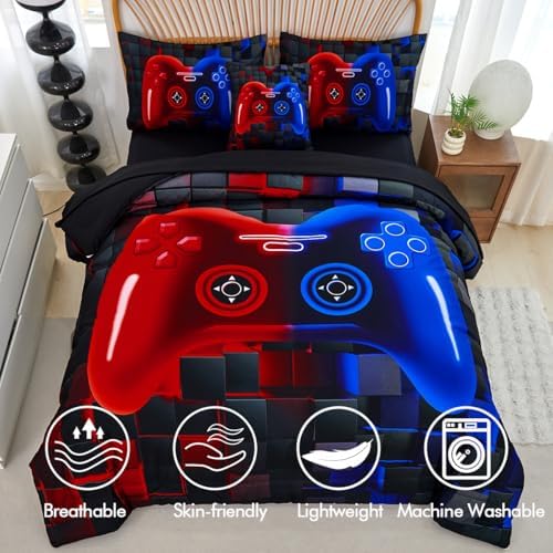 PERFEMET 6 Piece Kids Comforter Set Twin Red Blue Gamer Bedding