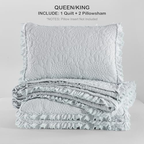 Light Blue Ruffled Quilt Queen Size Set