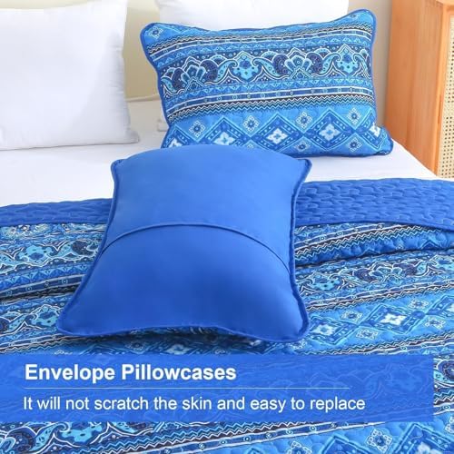 Heymybed Boho Quilt Set Queen Size 3Pc Reversible Blue