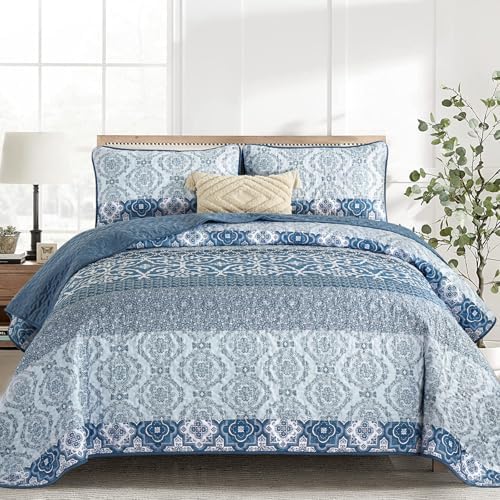 DJY Navy Blue Boho Quilt Set 3 Pieces King Size