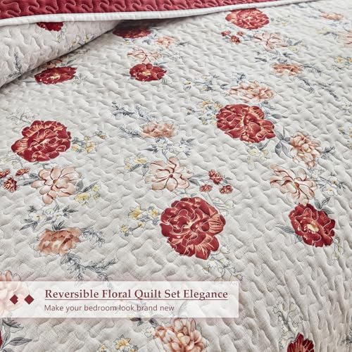 Floral Quilt Set 3 Pieces White with Red Roses