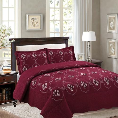 MarCielo 3-Piece Embroidery Quilt Set - Burgundy California King