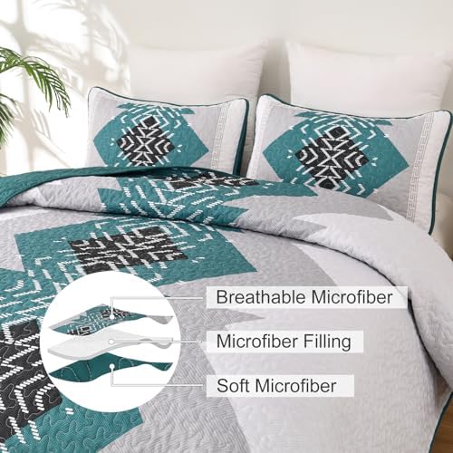 Dintszyayue Teal Boho Quilt Set 3 Pieces King Size