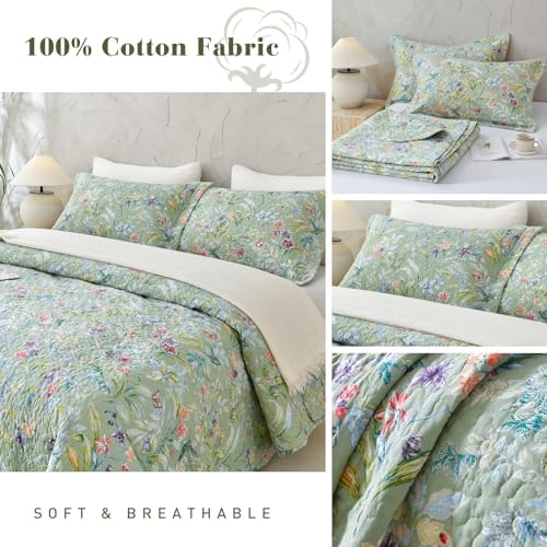 QSH Cotton Floral Queen Bedspread Set 3Pcs Green Summer