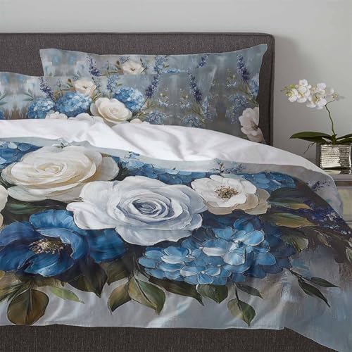 Boanket 3-Piece Queen Duvet Cover Set with Zipper White Blue Floral