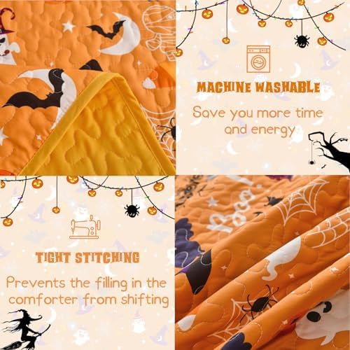 Luxudecor Halloween Queen Quilt Set with Pumpkin and Ghost Design