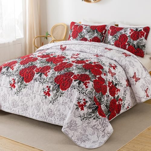 Yiran Red Floral Quilt Set King 3 Pieces