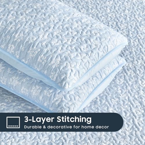 Wake In Cloud Floral Quilt Set Light Blue QueenFull
