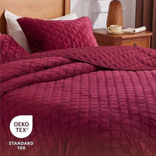 Sophia William Velvet King Quilt Set 3D Air Layer Super Soft Lightweight Burgundy