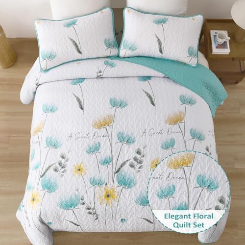 Dinjoy Floral King Quilt Set 3 Piece Aqua Farmhouse Bedding 1
