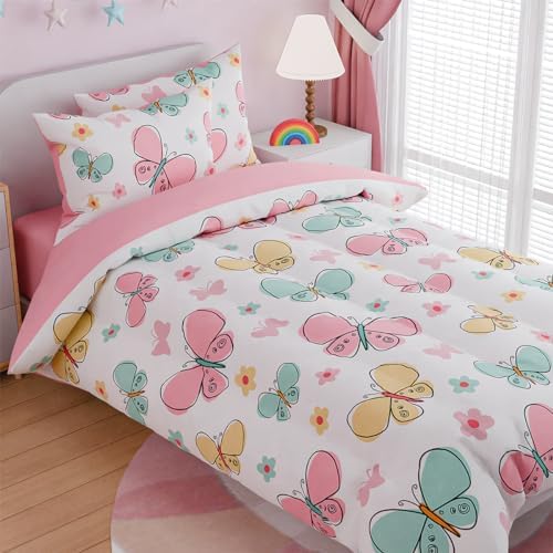 SANDJEST Butterfly Comforter Set for Girls