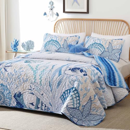 Coastal Quilt Set 3 Piece Queen Size Blue