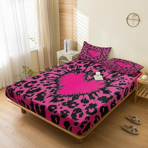 Heart Sheets California King Hot Pink Leopard Print 4-Piece Set