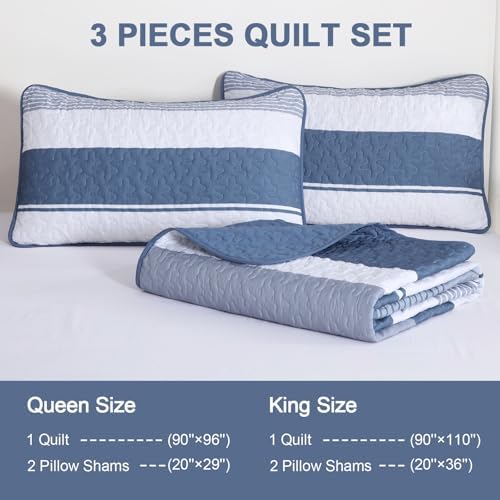 Dinjoy Boho Queen Quilt Set 3 Piece Mineral Blue Striped Bedspread