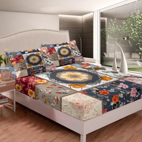 Boho Floral Patchwork Queen Bed Sheet Set