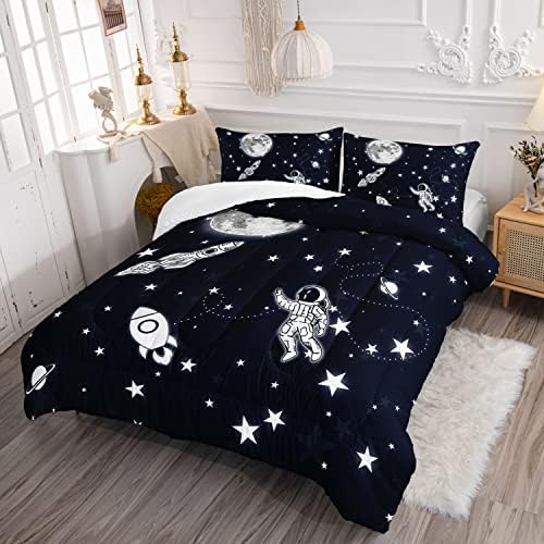 Kids Comforter Set Astronaut Space Rocket Pattern Twin 68x86