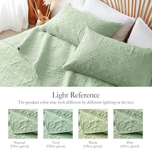 Akkialla Full Queen Quilt Bedding Set Light Green Microfiber Floral Pattern