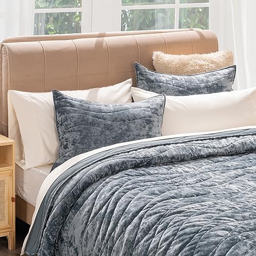EVERGRACE Velvet Queen Quilt Set Stormy Blue
