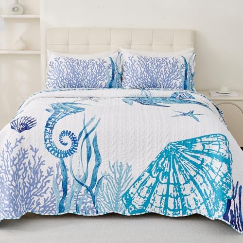 EVENHUG Reversible Coastal Quilt Set Queen Size 3 Piece