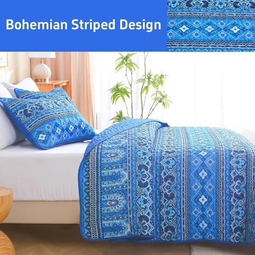Heymybed Boho Quilt Set Queen Size 3Pc Reversible Blue