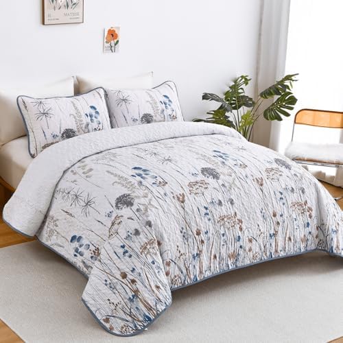 Dobuyly Blue Floral King Quilt Set 3pcs