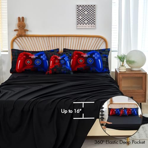 PERFEMET 6 Piece Kids Comforter Set Twin Red Blue Gamer Bedding