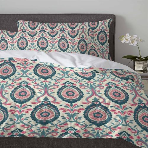 3 Piece Boho Floral Duvet Cover Set with Zipper Closure