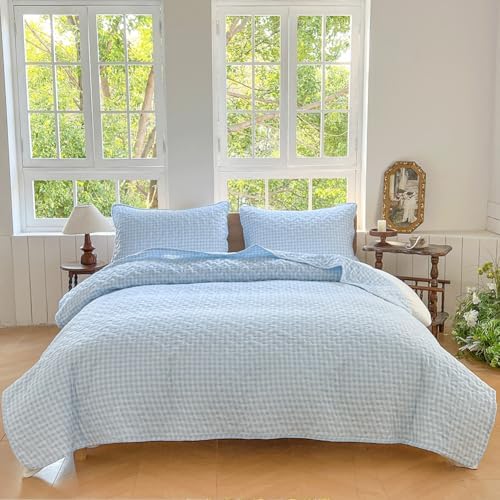 NSNLGSGC Gingham King Quilt Set Soft Blue Plaid Bedspread