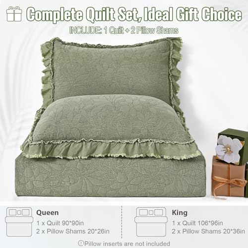 Uspring Green Ruffled Floral Quilt Set King Size 3 Piece