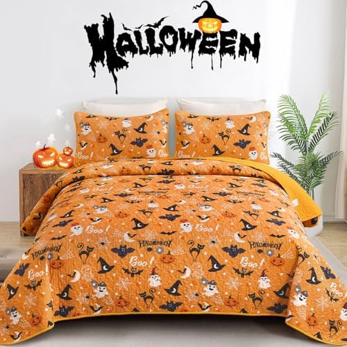 Luxudecor Halloween Queen Quilt Set with Pumpkin and Ghost Design