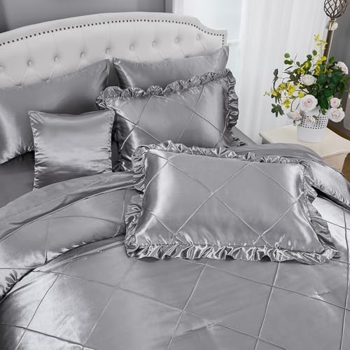 Grey Queen Comforter Set with 8 Pcs Satin Bedding