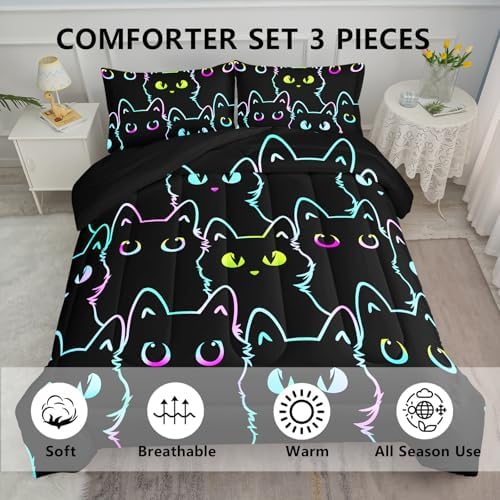 Axolotl Kids Cartoon Cat Comforter Set - Full Size Gradient Black