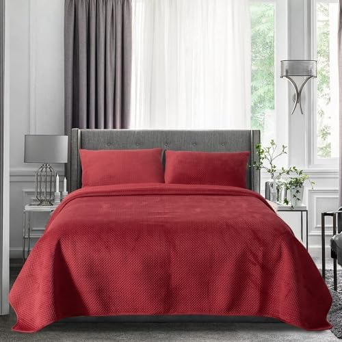 KASENTEX Ultra Soft Velvet Quilt Set King Size Red
