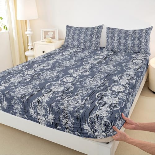 Erosebridal Damask Blue Gothic Floral Bed Sheet Set Twin