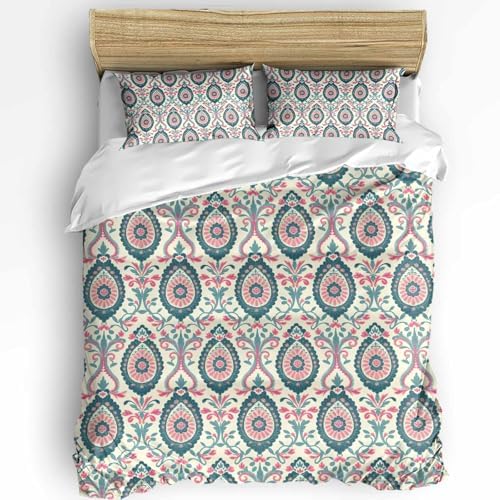 3 Piece Boho Floral Duvet Cover Set with Zipper Closure
