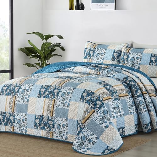 WONGS BEDDING Blue Plaid Patchwork Quilt Set Queen 3 Pieces