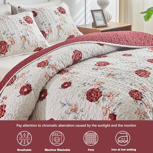 Floral Quilt Set 3 Pieces White with Red Roses